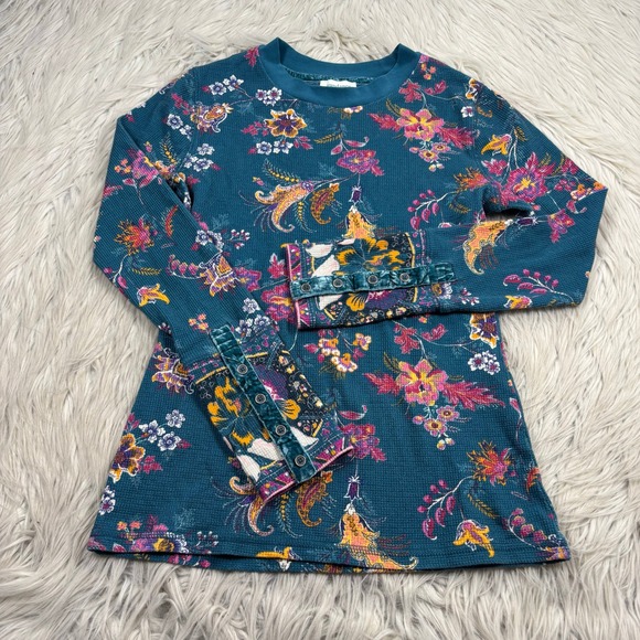 Sundance Tops - Sundance Women's S Teal Floral Velvet Button Cuff Thermal Top Artsy Boho